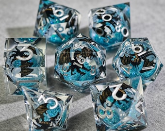Dark Ice Dragon Liquid Core Dice Set, Blue Glitter Blizzard DnD Dice, Silver Ink TTRPG Dice for Ice Dragonborn & Dark Ranger Characters