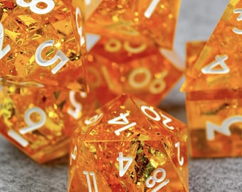 Fiery Orange Gold Foil Resin Dice Set, Handmade Sharp Edge Polyhedral DnD Dice, Dungeons and Dragons Gamer Gift