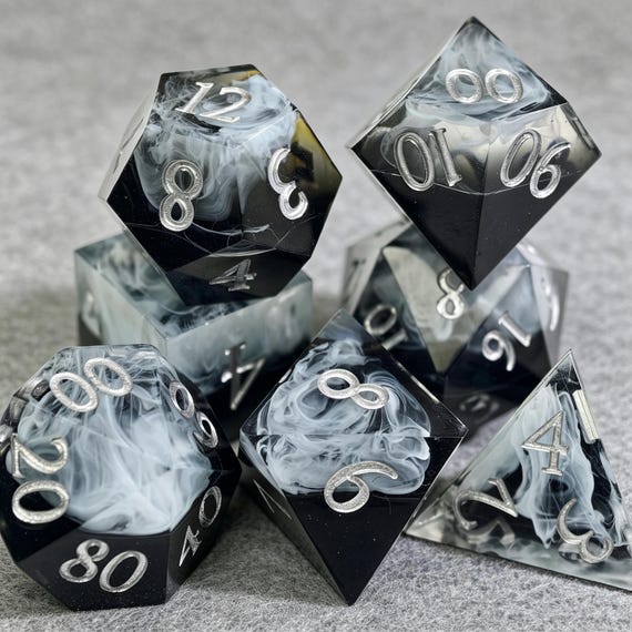 Black Smoke Resin Dice Set, Handmade Sharp Edge DND Dice, Black & White Mist Polyhedral Dice, RPG Dice for TTRPG, Dungeons and Dragons Gifts