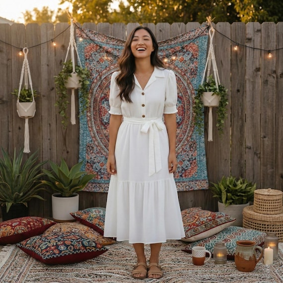 boho midi white dress White Boho Midi Dress