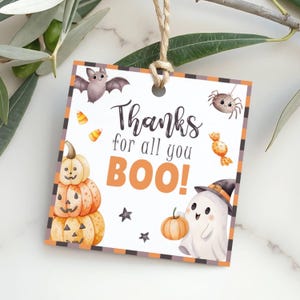 Op de afbeelding: Een vierkant papieren cadeaulabel met een jute touwtje, een witte achtergrond, een zwart-oranje geblokte rand en de tekst Thanks for all you BOO!. De illustraties bevatten een vleermuis, een spin, snoepjes, gestapelde pompoenen en een spookje.