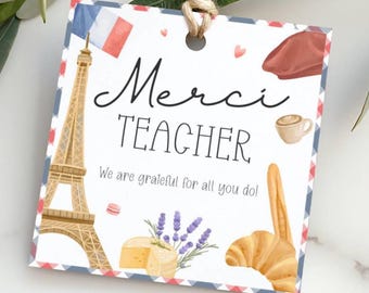Presentetikett för uppskattning av lärare i Paris, utskrivbar | Merci Teacher Franska Tema Personal