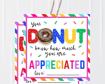 Etiquetas de agradecimiento para profesores con diseño de donuts / Etiquetas de regalo imprimibles de agradecimiento con diseño de donuts