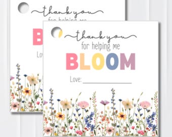 Etiquetas imprimibles de agradecimiento para profesores con temática de flores silvestres / Gracias por ayudarme a florecer