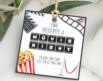 Etiqueta imprimible para regalo de noche de cine, etiqueta de agradecimiento, cesta de palomitas de maíz y dulces para la película, descarga instantánea.