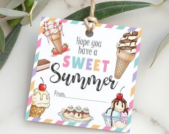 Etiqueta de regalo imprimible de helado de verano, colorida, para estudiantes.