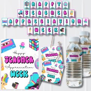 May include: A selection of items with a retro 80s and 90s theme, including water bottles, gift tags, and a banner that reads "Happy Teacher Appreciation Week." The design features roller skates, Rubik's cubes, and cassette tapes.