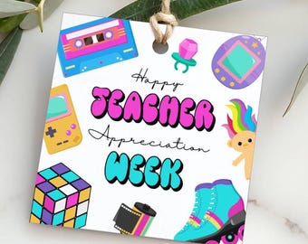Etiqueta de regalo para la Semana de Agradecimiento a los Maestros con temática de los años 90, etiqueta de agradecimiento retro imprimible de la vieja escuela