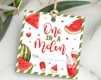 Etiqueta de regalo imprimible con temática de sandía "One in a Melon"