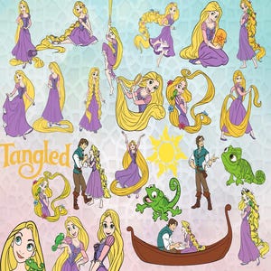 Pacchetto SVG di Rapunzel - L'intreccio della torre, SVG per maglietta di compleanno di Rapunzel, PNG per sublimazione di Flynn Rider Pascal, download di clipart delle principesse Disney, file di taglio di Rapunzel