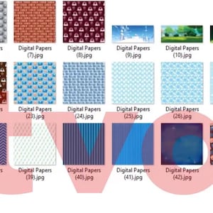 May include: A collection of digital paper files displayed in a grid format, featuring a wide variety of patterns including geometric shapes, floral motifs, abstract designs, and scenic landscapes in diverse color palettes like blue, green, and red.