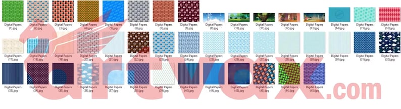 May include: A collection of digital paper files displayed in a grid format, featuring a wide variety of patterns including geometric shapes, floral motifs, abstract designs, and scenic landscapes in diverse color palettes like blue, green, and red.