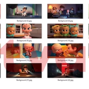 May include: A digital collage of twenty-two rectangular scenes featuring animated characters from The Boss Baby, including the main infant character in a suit, various children, and domestic settings, displayed in a grid with file labels.