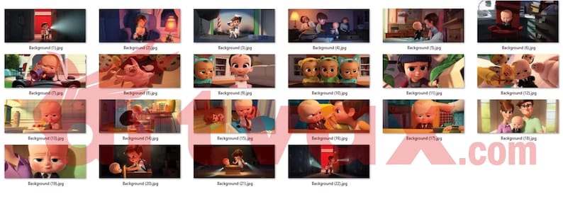 May include: A digital collage of twenty-two rectangular scenes featuring animated characters from The Boss Baby, including the main infant character in a suit, various children, and domestic settings, displayed in a grid with file labels.