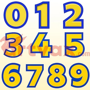 May include: A set of ten numerical digits from zero to nine, each rendered in a bold, yellow font with a thick blue outline. The numbers are arranged in three rows, displaying a clean, block-style design against a light, neutral background.