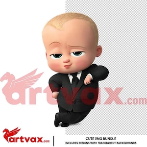 May include: A cartoon baby character with fair skin and light hair wearing a black suit, white dress shirt, and black tie. The character has a smirk, green eyes, and is leaning to the side. The image includes the text artvax.com in red letters.