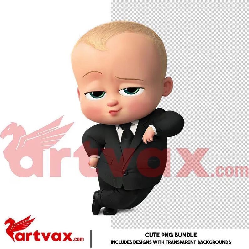 May include: A cartoon baby character with fair skin and light hair wearing a black suit, white dress shirt, and black tie. The character has a smirk, green eyes, and is leaning to the side. The image includes the text artvax.com in red letters.