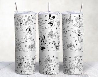 20oz Skinny Tumbler Wrap PNG, Disney Characters Doodle Sublimation Design, Minimalist Mickey and Friends Tumbler Digital Download