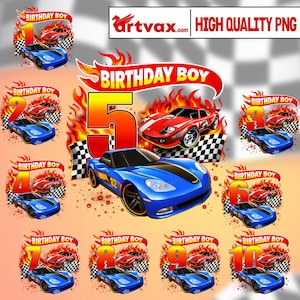 May include: A collection of birthday-themed graphics featuring race cars and flames. Each graphic includes a number from 1 to 10, the text "BIRTHDAY BOY", and a blue or red sports car. The background is a checkered pattern.