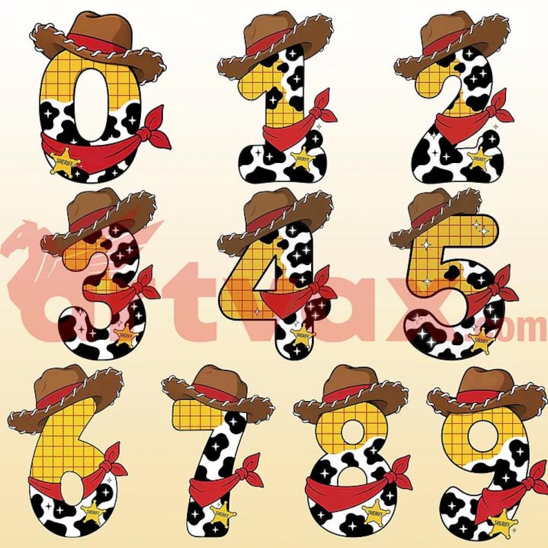 May include: A set of numbers zero through nine, each featuring a brown cowboy hat on top, a yellow grid pattern, black and white cow print, a red bandana tied around the middle, and a small yellow sheriff star badge attached to the red fabric.