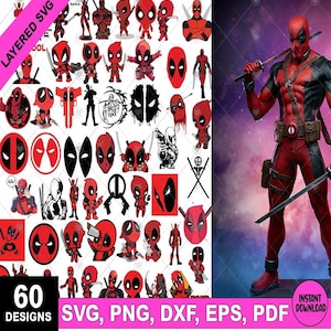 Może przedstawiać: Cyfrowa kolekcja 60 projektów graficznych Deadpool w formatach SVG, PNG, DXF, EPS i PDF. Obrazy przedstawiają różne ilustracje postaci w kolorze czerwonym i czarnym, w tym style chibi, logo oraz szczegółowy render całej postaci.