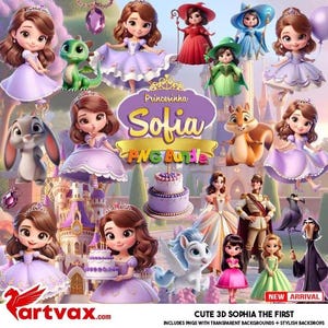 Puede incluir: Una colección digital de personajes de dibujos animados en 3D con la Princesa Sofía en varios vestidos morados, junto a animales, un castillo y un pastel. El texto dice Princesinha Sofia PNG Bundle y New Arrival.