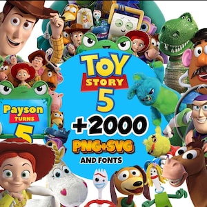 May include: A digital graphic featuring various Toy Story characters surrounding a central blue circle with the text Toy Story 5, +2000 PNG+SVG AND FONTS. Characters include Woody, Buzz Lightyear, Jessie, Rex, Mr. Potato Head, and Forky.