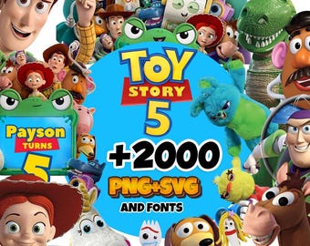 May include: A digital graphic featuring various Toy Story characters surrounding a central blue circle with the text Toy Story 5, +2000 PNG+SVG AND FONTS. Characters include Woody, Buzz Lightyear, Jessie, Rex, Mr. Potato Head, and Forky.