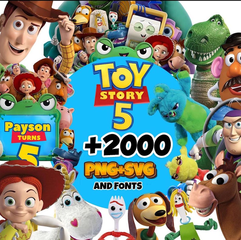 May include: A digital graphic featuring various Toy Story characters surrounding a central blue circle with the text Toy Story 5, +2000 PNG+SVG AND FONTS. Characters include Woody, Buzz Lightyear, Jessie, Rex, Mr. Potato Head, and Forky.