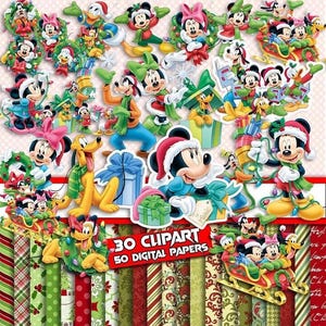 May include: A collection of Christmas-themed Disney character clipart featuring Mickey, Minnie, Donald, and Pluto in festive attire, alongside digital papers with holiday patterns and the text 30 CLIPART 50 DIGITAL PAPERS.