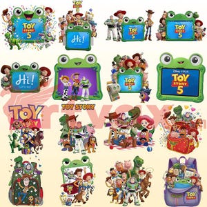 May include: A collection of digital illustrations featuring Toy Story 5 characters including Woody, Buzz Lightyear, Jessie, and Rex. The images include green frog-shaped frames, backpacks, and various group scenes with the Toy Story 5 logo text.