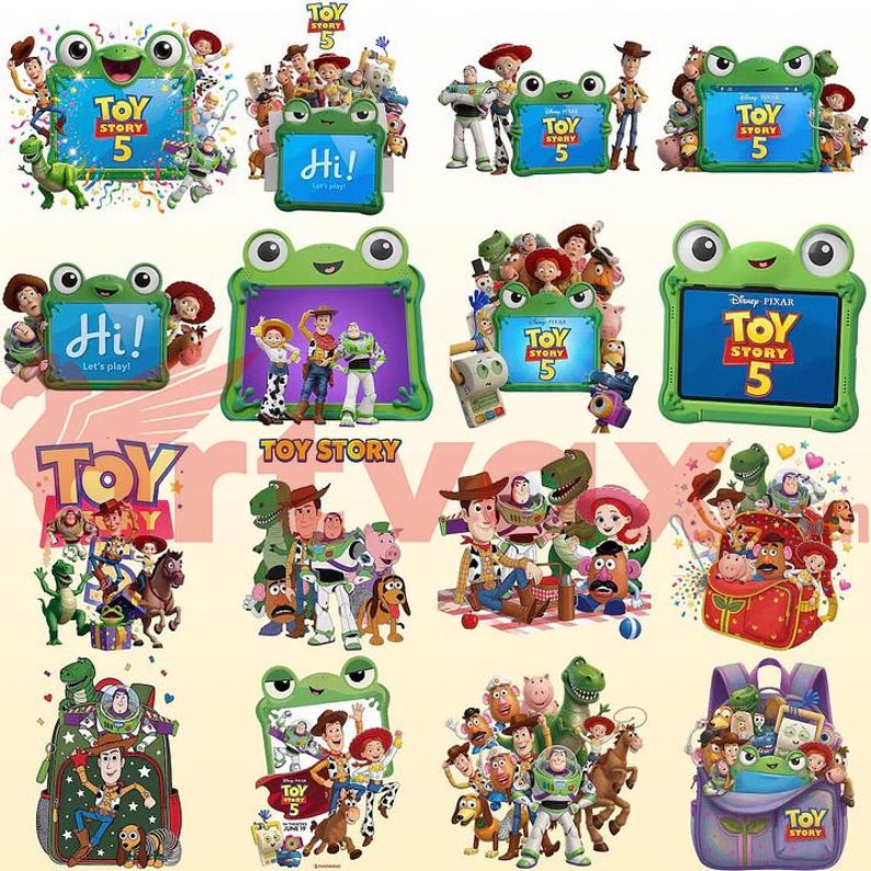 May include: A collection of digital illustrations featuring Toy Story 5 characters including Woody, Buzz Lightyear, Jessie, and Rex. The images include green frog-shaped frames, backpacks, and various group scenes with the Toy Story 5 logo text.