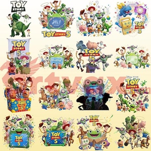 May include: A collection of sixteen digital illustrations featuring characters from Toy Story 5, including Woody, Buzz Lightyear, Rex, and Mr. Potato Head, arranged in a grid. The designs incorporate the Toy Story 5 logo, colourful confetti, and various frames.