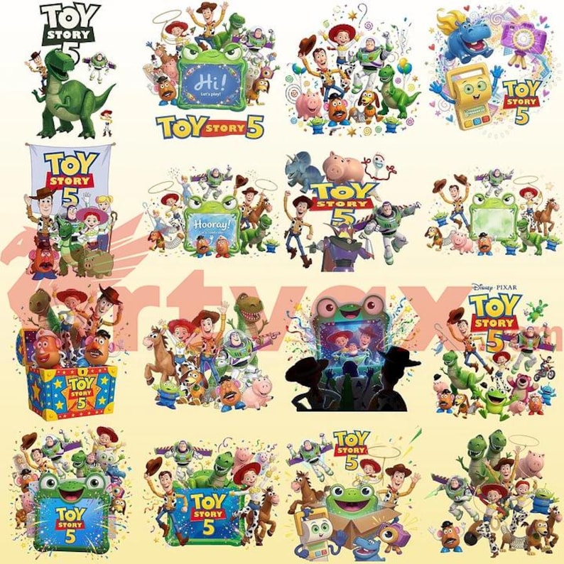 May include: A collection of sixteen digital illustrations featuring characters from Toy Story 5, including Woody, Buzz Lightyear, Rex, and Mr. Potato Head, arranged in a grid. The designs incorporate the Toy Story 5 logo, colourful confetti, and various frames.