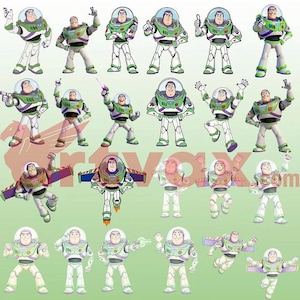 May include: A collection of twenty-three illustrations of the character Buzz Lightyear in various poses. The character wears a white, green, and purple space suit with a clear helmet, featuring control buttons on the chest and retractable wings.