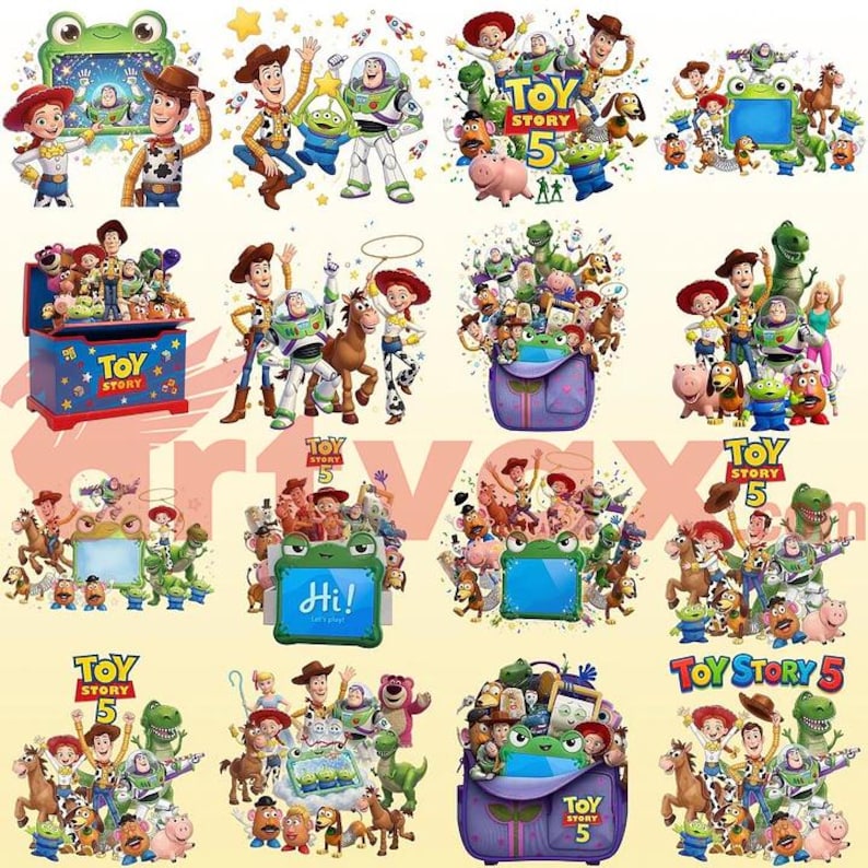 May include: A collection of digital illustrations featuring Toy Story 5 characters including Woody, Buzz Lightyear, Jessie, and Rex. The designs incorporate various elements like a blue toy chest, a purple backpack, and a green frog-shaped frame.