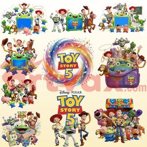 May include: A collection of Toy Story 5 graphic designs featuring characters like Woody, Buzz Lightyear, Jessie, Rex, and Slinky Dog. The images include a colourful swirling vortex, a green frog-shaped frame, and the Toy Story 5 logo text.