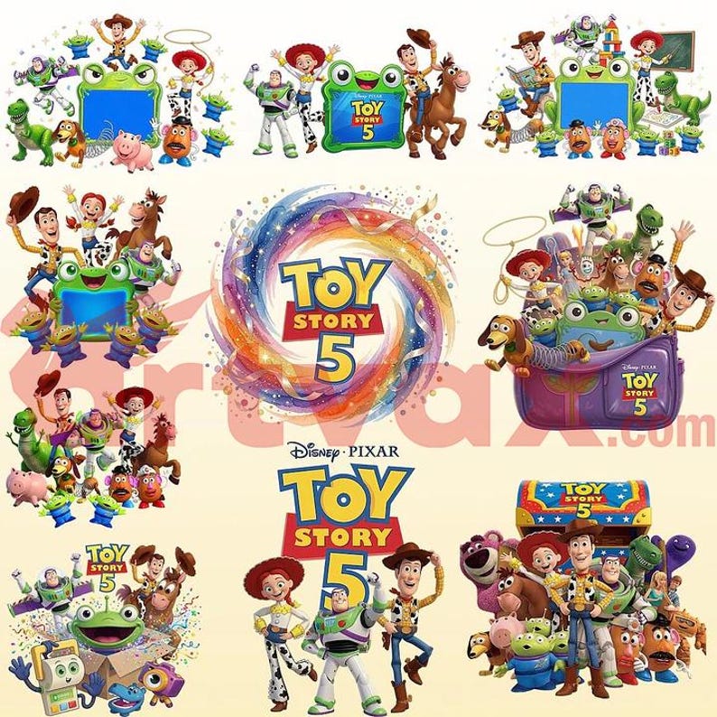 May include: A collection of Toy Story 5 graphic designs featuring characters like Woody, Buzz Lightyear, Jessie, Rex, and Slinky Dog. The images include a colourful swirling vortex, a green frog-shaped frame, and the Toy Story 5 logo text.