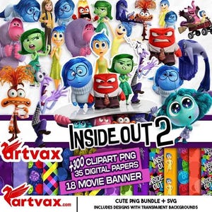 May include: A digital collection featuring characters from Inside Out 2, including Joy, Sadness, Anger, Disgust, and Fear. The graphic includes the text Inside Out 2, Artvax, and details about a bundle containing 300 clipart PNGs, 35 digital papers, and 18 movie banners.