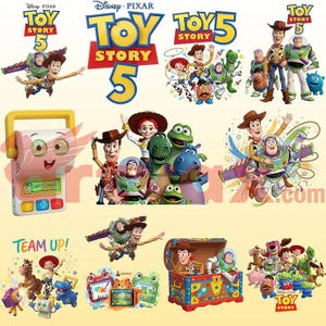 May include: A collection of Disney Pixar Toy Story 5 graphic illustrations featuring characters Woody, Buzz Lightyear, Jessie, Rex, and Mr. Potato Head. The images include various scenes of the characters, a toy chest, and a digital toy device with text.
