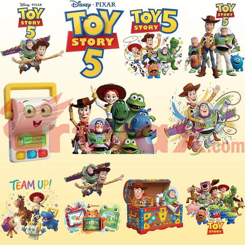 May include: A collection of Disney Pixar Toy Story 5 graphic illustrations featuring characters Woody, Buzz Lightyear, Jessie, Rex, and Mr. Potato Head. The images include various scenes of the characters, a toy chest, and a digital toy device with text.
