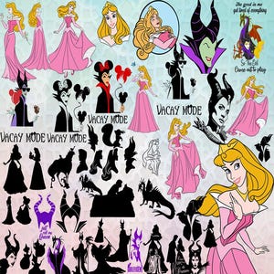 May include: A digital collection of illustrations featuring a blonde princess in a pink gown and a horned villain. The graphics include full-color character portraits, black silhouettes, and text elements such as Vacay Mode and The good in me.