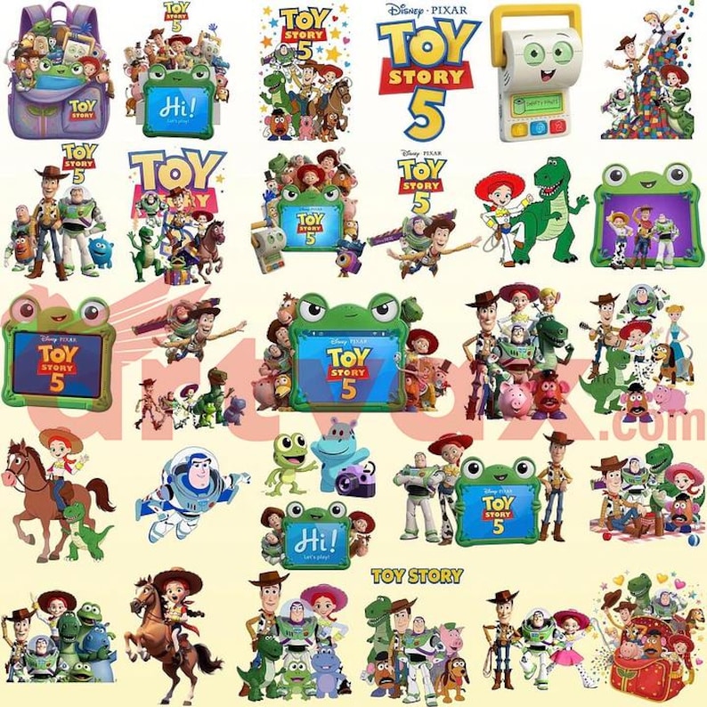 May include: A collection of digital illustrations featuring characters from Toy Story 5, including Woody, Buzz Lightyear, Jessie, and Rex. The images display various scenes with green frog-shaped frames, backpacks, and the Toy Story 5 logo text.