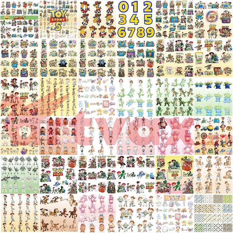 May include: A large collection of Toy Story character stickers featuring Woody, Buzz Lightyear, Jessie, Rex, the Aliens, and Lotso. The sheet includes various poses, group scenes, numbers zero through nine, and the Toy Story 5 logo text.