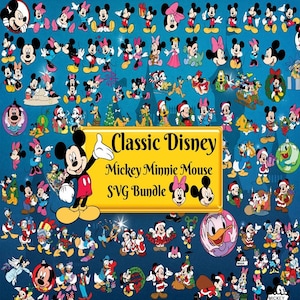 May include: A digital collection of numerous colorful illustrations featuring Mickey Mouse, Minnie Mouse, and other characters. A central yellow rectangular sign displays the text Classic Disney Mickey Minnie Mouse SVG Bundle.