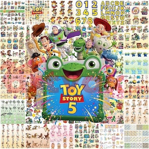 May include: A large collection of Toy Story 5 themed stickers featuring various characters like Woody, Buzz Lightyear, Jessie, and Rex, alongside numbers, letters, and a central green frog-shaped frame with the text Toy Story 5 printed on it.