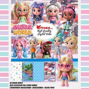 Op de afbeelding: Een digitale collectie van 3D-cartoonkarakter-avatars met diverse kapsels, kleurrijke outfits en accessoires. De afbeelding bevat de tekst Avatar World en Artvax.com High-Quality Digital Files, samen met verschillende achtergrondscènes.