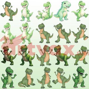 May include: A collection of twenty cartoon illustrations of green Tyrannosaurus Rex dinosaurs in various poses, including standing, sitting, and waving, arranged in a grid pattern with the watermark text Artvax.com visible in the centre.