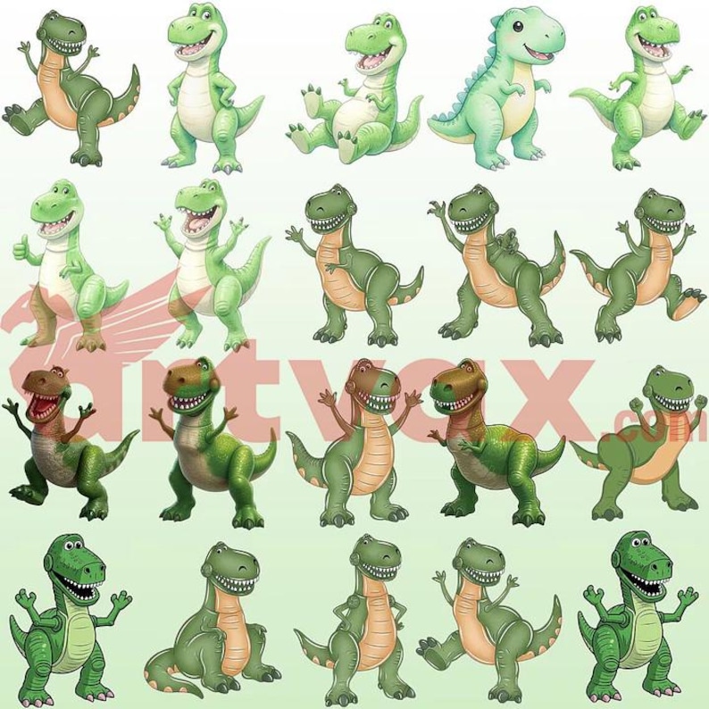 May include: A collection of twenty cartoon illustrations of green Tyrannosaurus Rex dinosaurs in various poses, including standing, sitting, and waving, arranged in a grid pattern with the watermark text Artvax.com visible in the centre.