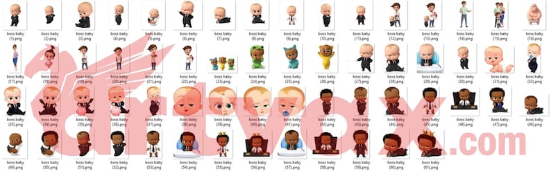 May include: A collection of digital illustrations featuring various poses and expressions of a cartoon baby character wearing suits, casual clothing, or costumes, arranged in a grid format with the text artvax.com overlaid in light pink.